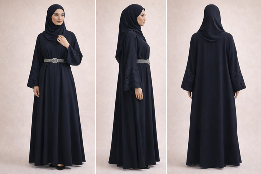 Navy Belted Lace Sleeve Abaya